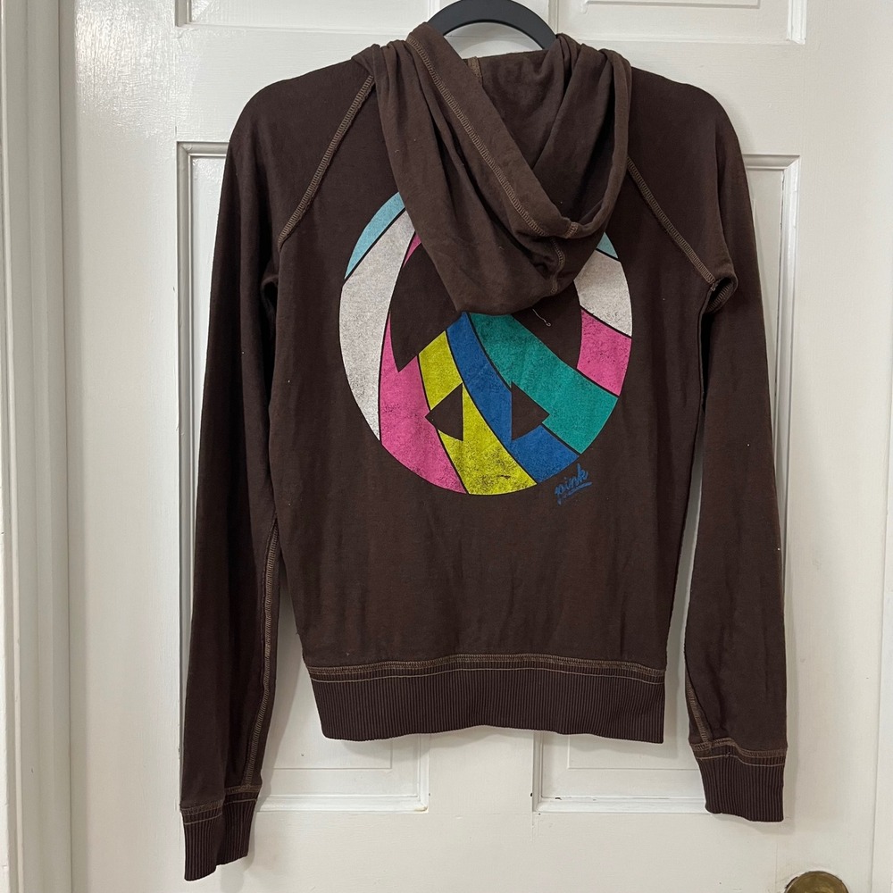 True Y2K VTG PINK Victoria's Secret Hoodie S Chocolate Brown Peace Sign Boho 00s